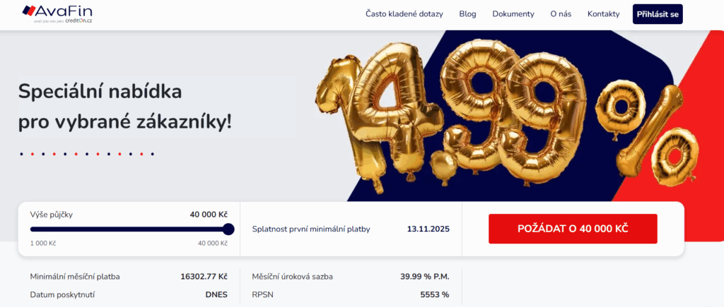 Výše úrokové sazby se pohybuje okolo 39,99 %, vybraní klienti však mohou dosáhnout i na 14,99 %.